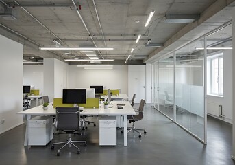 A modern office space with desks chairs computers and glass wall partitions in a bright environment