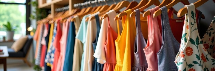 Obraz premium Rows of colorful summer dresses and casual wear on display in a chic boutique, style, shop, dresses