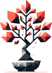 Geometric Bonsai Tree: Low Poly Red and Gray Illustration