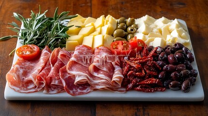 Antipasto Platter With Prosciutto, Cheese, Olives, And Sun-Dried Tomatoes, Styled For Wine Bar Ad