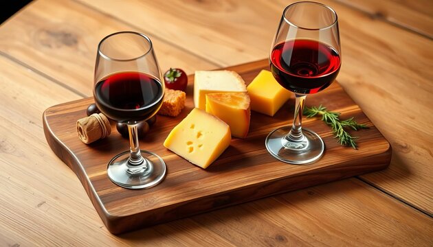 Rustic wooden cheese board, two wine glasses, empty space for copy, empty,  food styling - Powered by Adobe