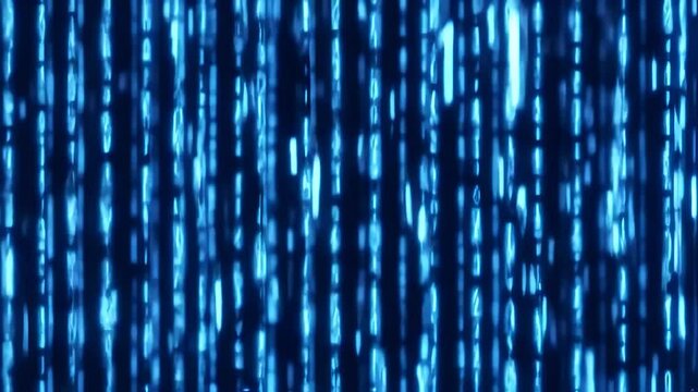 Strings fall from top to bottom in data matrix created in cyberspace with blue glow