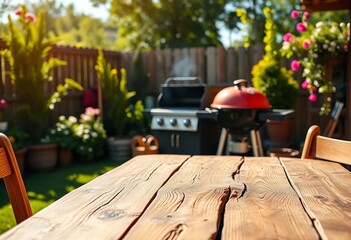 Rustic wooden table in sunny garden, BBQ grill in background, day, landscape