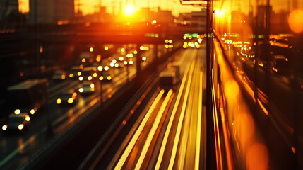 Golden sunset over a highway with blurred traffic, evoking movement and serenity in the fading light.