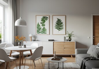 Fototapeta premium A modern living room with white furniture and fern leaf art hanging on the wall above a sideboard