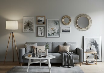 Living room with gray sofa, artworks, mirrors, lamp and decorations on white wall background decor