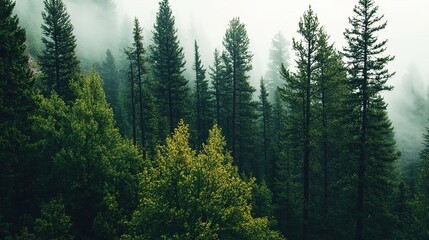 Fototapeta premium Towering Evergreens and the Scent of Pine Needles in a Serene Backdrop. Majestic Forest Scene with Rich Green Foliage and Calm Atmosphere.