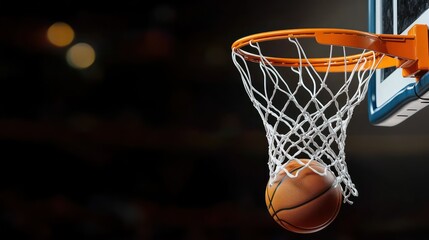 A dynamic mid-air freeze frame of a basketball swishing through a net perfect clarity on ball texture and hoop details cinematic focus
