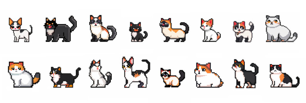 Set of cute pixel art cat breeds, retro style characters for gaming, stickers, digital artwork and creative design projects on white background