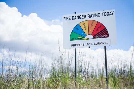 Low moderate fire danger rating on sign in long grass