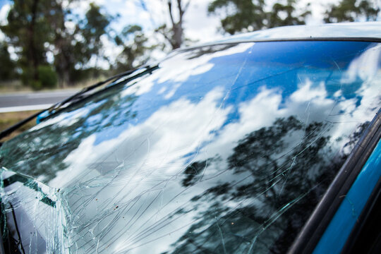 Cracked car windscreen smashed in crash