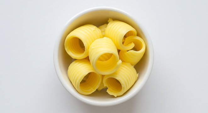 A top view of butter curls in a white bowl on a white surface in a bright studio environment