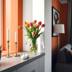 Shelf decorated with candles, tulips, ceramic decor and graphic print on orange wall in modern home interior
