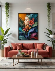 Living Room Interior Featuring Colorful Floral Wall Art and Comfortable Sofa