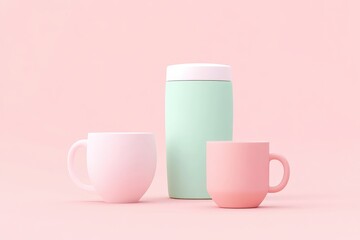 Pastel-colored cups and a thermos on a soft pink background