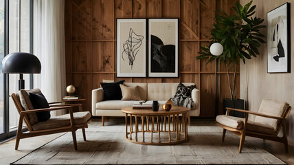Stylish Mid-Century Modern Living Room with Wooden Accents and Contemporary Decor