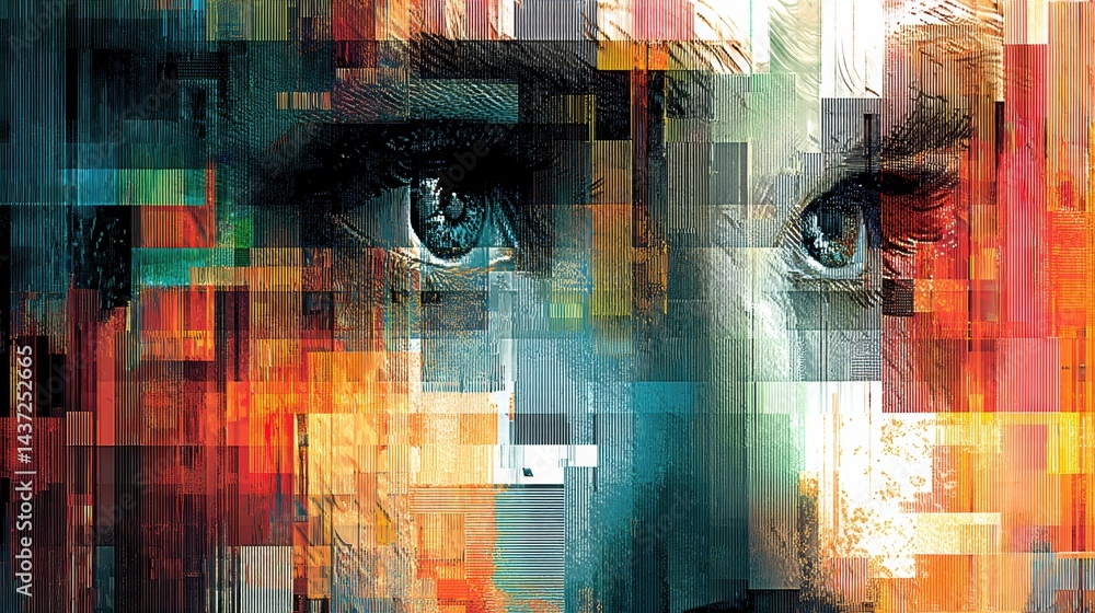 Poster Glitch Art Inspired Representation of AI Featuring a Fragmented Face With a Colorful Overlay
