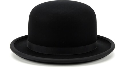 A bowler hat in black with a ribbon around the base of the crown on a white background studio shot