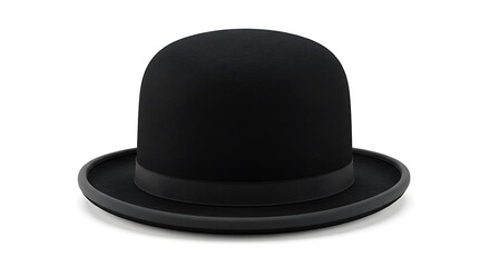 A simple studio shot of a black bowler hat with a ribbon against a white background surface area