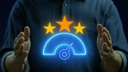 Benchmarking concept, something that serves as a standard by which others may be measured or judged. Businessman shows animated glowing neon line of Benchmark icon on virtual screen.