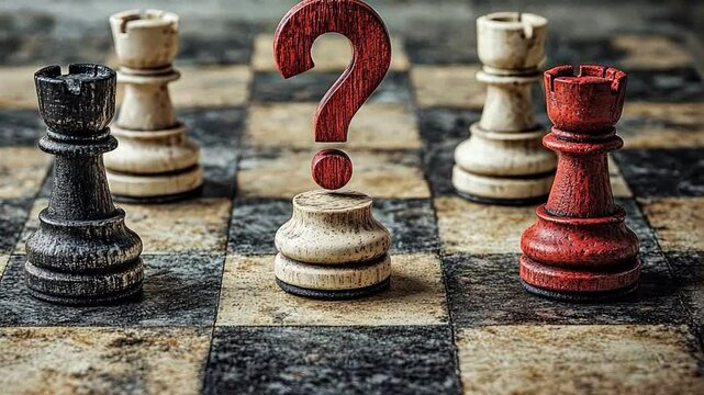 Chess Strategy Uncertainty on Board with Pieces and Question Mark in Game of Life