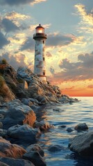 Lighthouse on rocky coast, sunset sky, calm water.