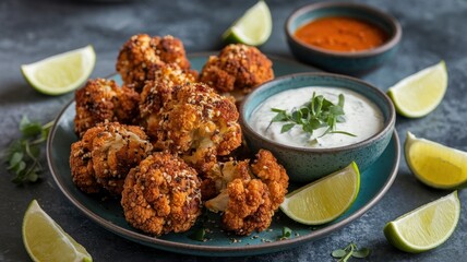 Fried sesame cauliflower bites with dipping sauce and lime garnish