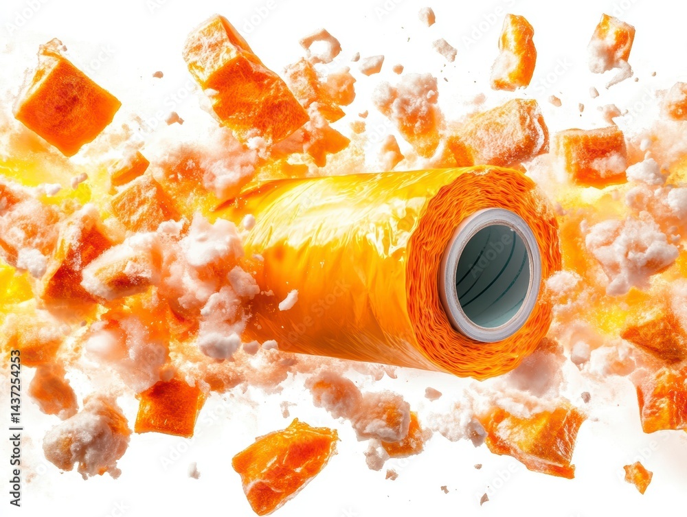 Poster explosive orange foam roll launching into air studio setting high-impact photography dynamic composi
