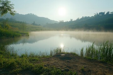 Fototapeta premium Misty morning lake in a valley Gentle morning light reflects on still water, surrounded by hills and greenery Fog hangs over tranquil waters