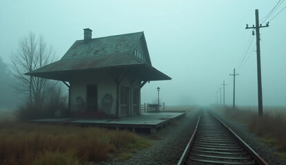 Lonely Abandoned Train Station in Foggy Field