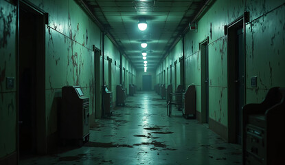 Creepy Abandoned Hospital Hallway with Broken Lights