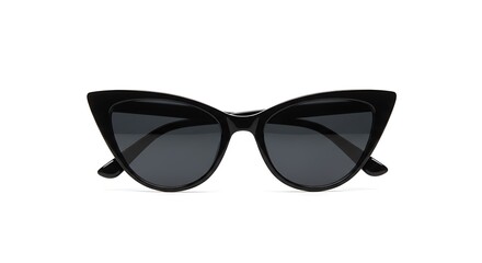 Fototapeta premium Close up of black cat eye sunglasses with dark lenses isolated on a white studio background view
