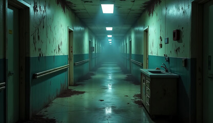 Creepy Abandoned Hospital Hallway with Broken Lights
