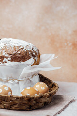 Traditional Easter cake with hand-painted daisy eggs on fabric. Homemade festive baked goods and decor...
