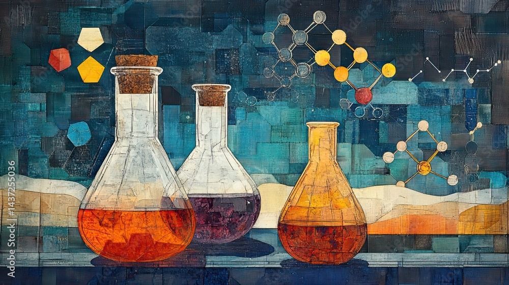 Poster beaker and flask with chemical structures in a lab setting