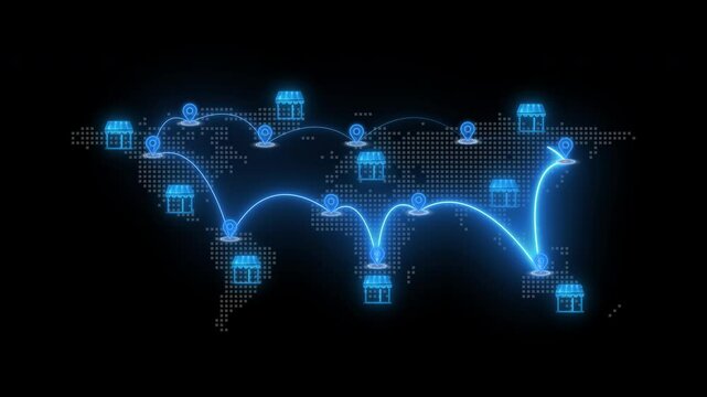 Global franchise business concept, companies that expand internationally by licensing their business model and brand to local entrepreneurs, known as franchisees. Animated franchise icons on world map