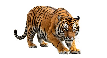 Obraz premium A bengal tiger crouches low to the ground on a white background ready to pounce on its prey soon now