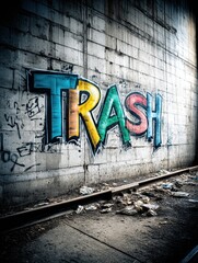 Naklejka premium Colorful Graffiti Message Against Littering on an Urban Wall With Trash Accumulation Nearby