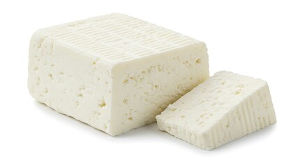 A block of paneer with a slice cut off isolated on a white background in a studio shot close up