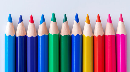 A neat row of sharpened colorful pencils arranged by shade on a light background.
