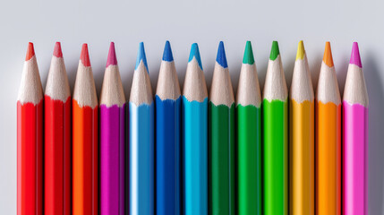 A neat row of sharpened colorful pencils arranged by shade on a light background.
