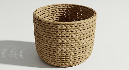 A woven basket made of tan material sitting on a white surface in a studio setting with shadow