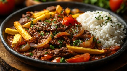 Fototapeta premium Lomo Saltado With Stir-Fried Beef, Onions, Tomatoes, And Crispy French Fries, Served With Steamed Rice, Styled For A Peruvian Restaurant Ad