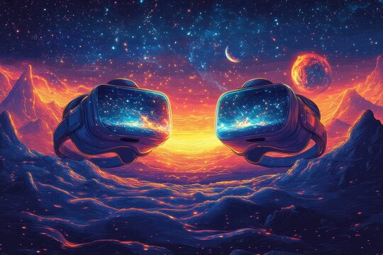 VR headsets, cosmic landscape, exploring virtual reality, future tech