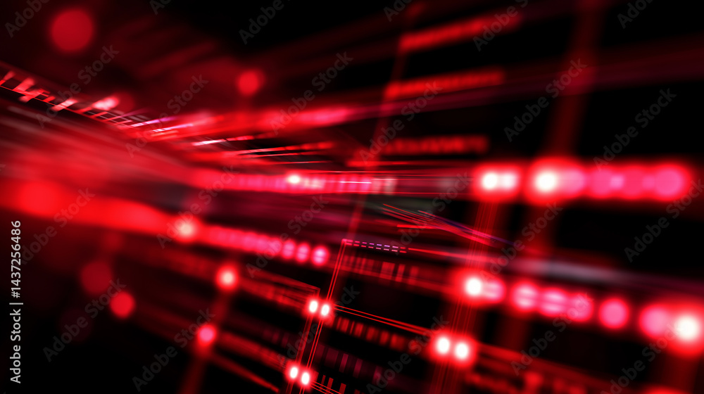 Poster futuristic data server room with glowing red lights and digital codes streaming across dark surfaces
