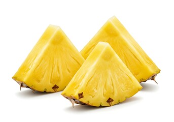 Three pineapple wedges arranged closely together on a plain white surface in studio shot view