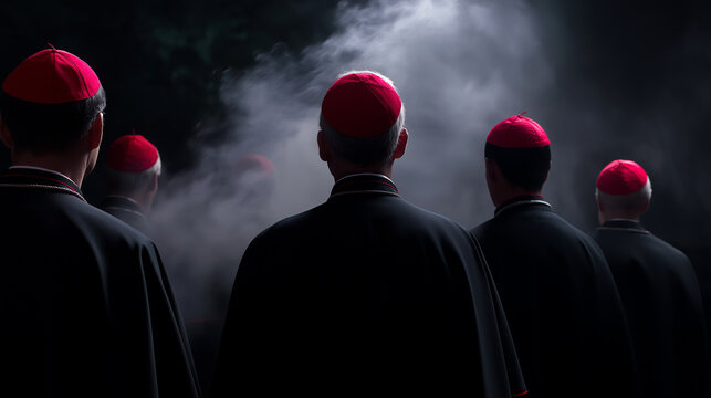 Group of Vatican cardinals in black robes and red caps watching white smoke in a dark, misty atmosphere.
