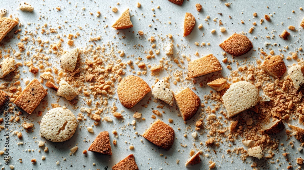 Poster Broken Cookie Flatlay With Scattered Crumbs Creating an Artistic Pattern on a Light Background