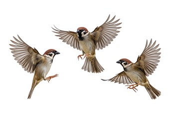 Fototapeta premium Three eurasian tree sparrows in flight with wings spread against a plain white background in a studio shot