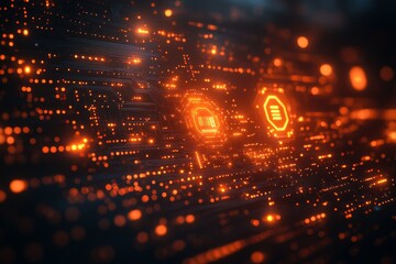 Orange digital circuit board, data flow, server room background